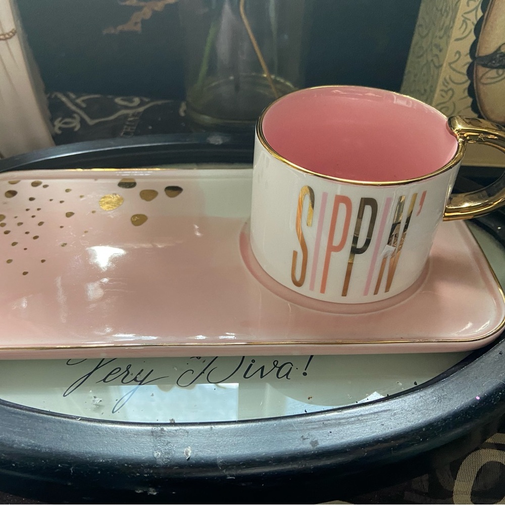 Pink & gold ceramic cup and Tray Set